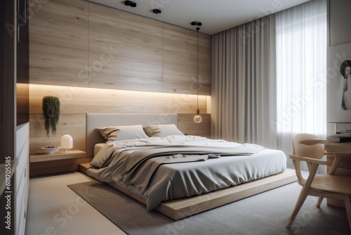 Modern 3D Rendered Bedroom Oasis, Illuminated by Natural Light, Boasting Luxurious Comfort and Style.. © aboutmomentsimages