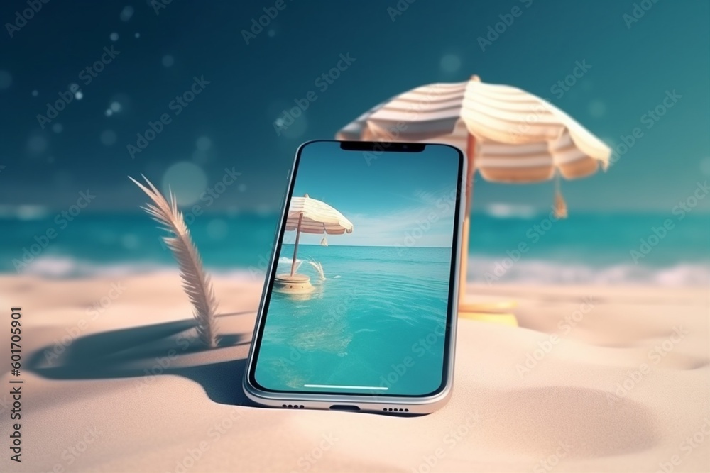 sea summer sand mock holiday concept creative cyber phone up palm. Generative AI.