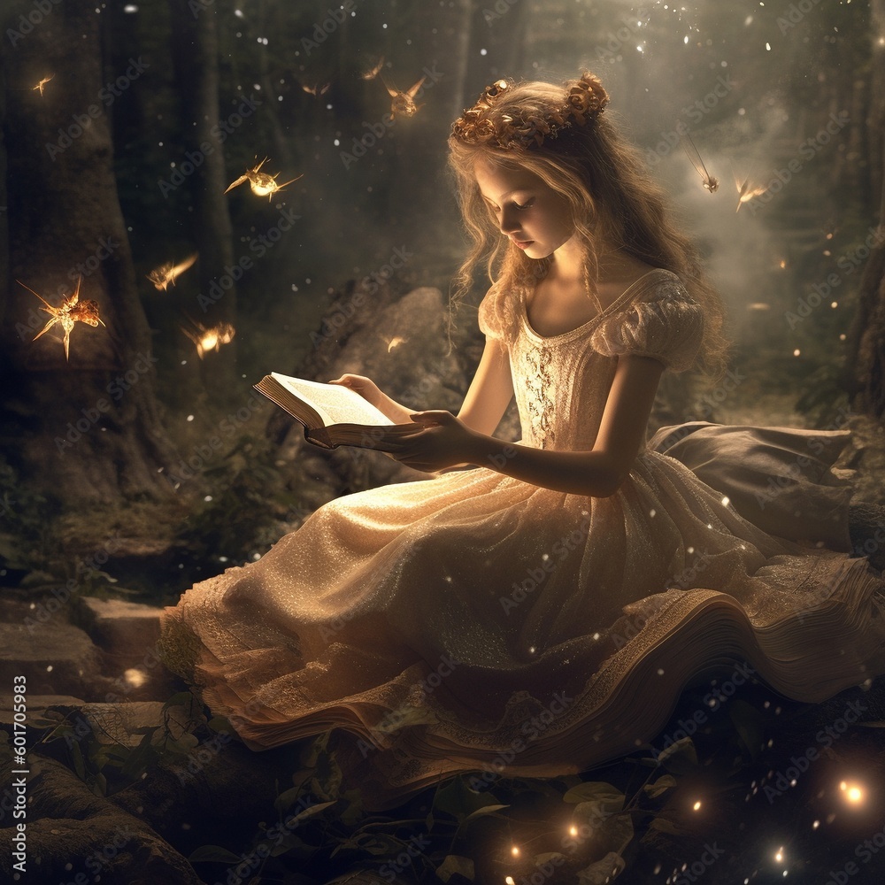 The girl opens the book and sees a fairy tale on the pages of this book. A magical book that emits a soft golden light Generative AI