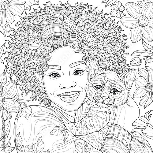 Girl with a cat in her arms among the flowers.Coloring book antistress for adults. Illustration isolated on white background.Zen-tangle style. Hand draw