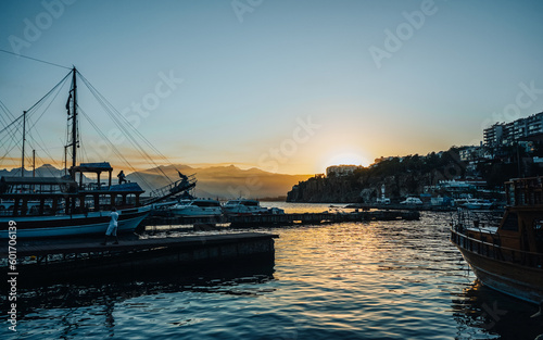 View of Antalya's harbor  by Sunset during sunny summer day 