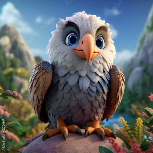 Cute Bald Eagle in Mountains with Spring Wildflowers CGI-Cartoon-Style Bird of Prey Illustration [Generative AI] photo
