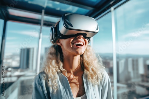 Futuristic vision of VR AR home sports / workout, beautiful woman has fun making virtual sports at home with her immersive technology VR/AR headset, created with Generative AI 