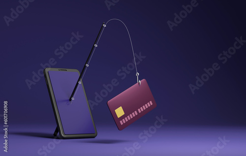 Phishing scam from hackers Stealing user credit card online. via mobile phone on dark purple neon background.