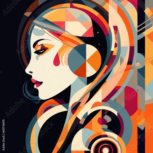 Illustration of beuaty woman, women power. Fashion women, colored stripes, oriental, generative ai.  photo