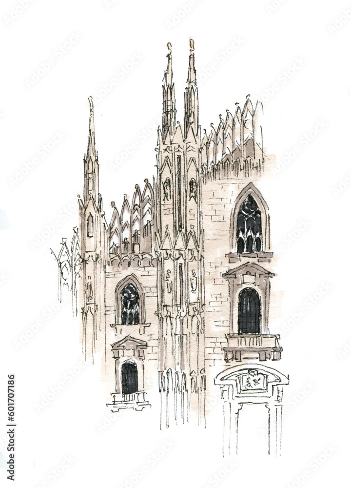 Fototapeta premium Ancient architecture. Facade of the house. Architectural sights. Church. Temple. City buildings. Urban architecture. Old designs. Chapels and towers. Historical building
