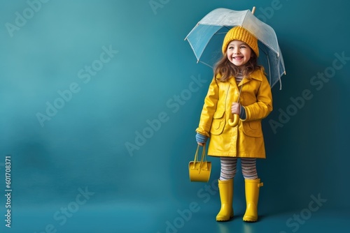 Studio portrait of cute little girl in yellow raincoat holding an umbrella on blue background photo