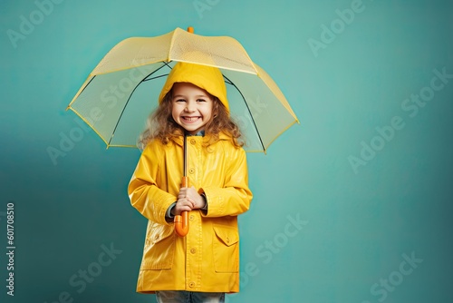 Studio portrait of cute little girl in yellow raincoat holding an umbrella on blue background