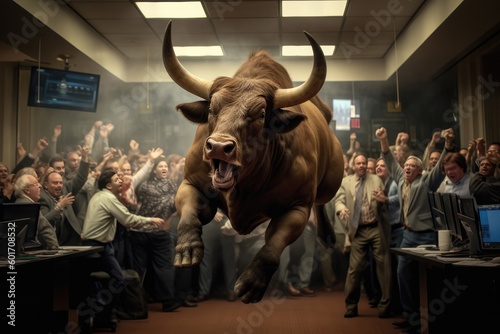 a bull in Wall Street Trading Room, Bullish market represent an uptrend in stock market