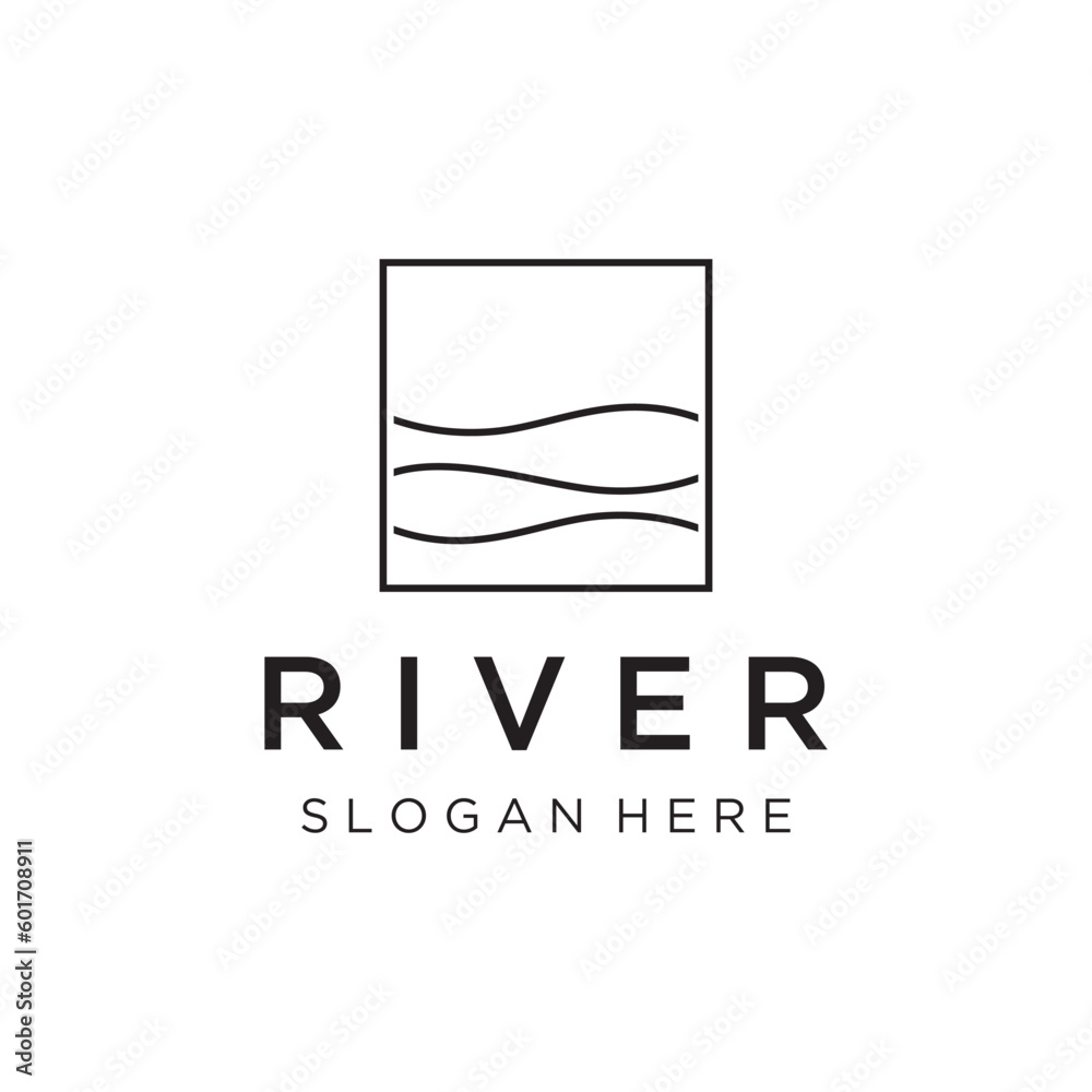 Logos of rivers, creeks, riverbanks and streams. River logo with combination of mountains and farmland with concept design vector illustration template.