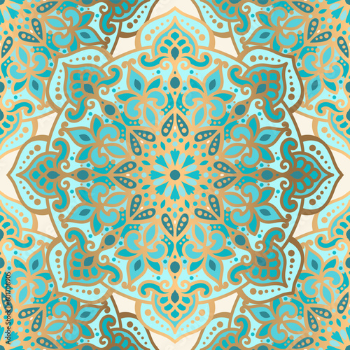 Turquoise and beige seamless pattern with mandala ornament. Traditional Arabic, Indian motifs. Great for fabric and textile, wallpaper, packaging or any desired idea.