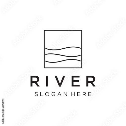 Logos of rivers, creeks, riverbanks and streams. River logo with combination of mountains and farmland with concept design vector illustration template.