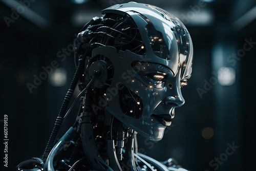 Portrait of female robot face, Artificial intelligence concept. Generative AI