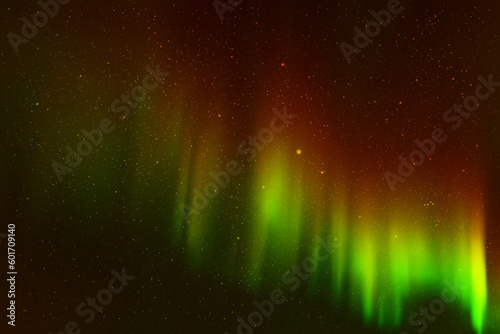 Red green aurora borealis. Night starry sky and Northern lights