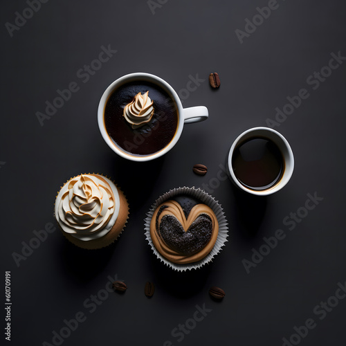 Top view of cup of coffee espresso and sweet Cupcake with beautiful Icing - Generative AI