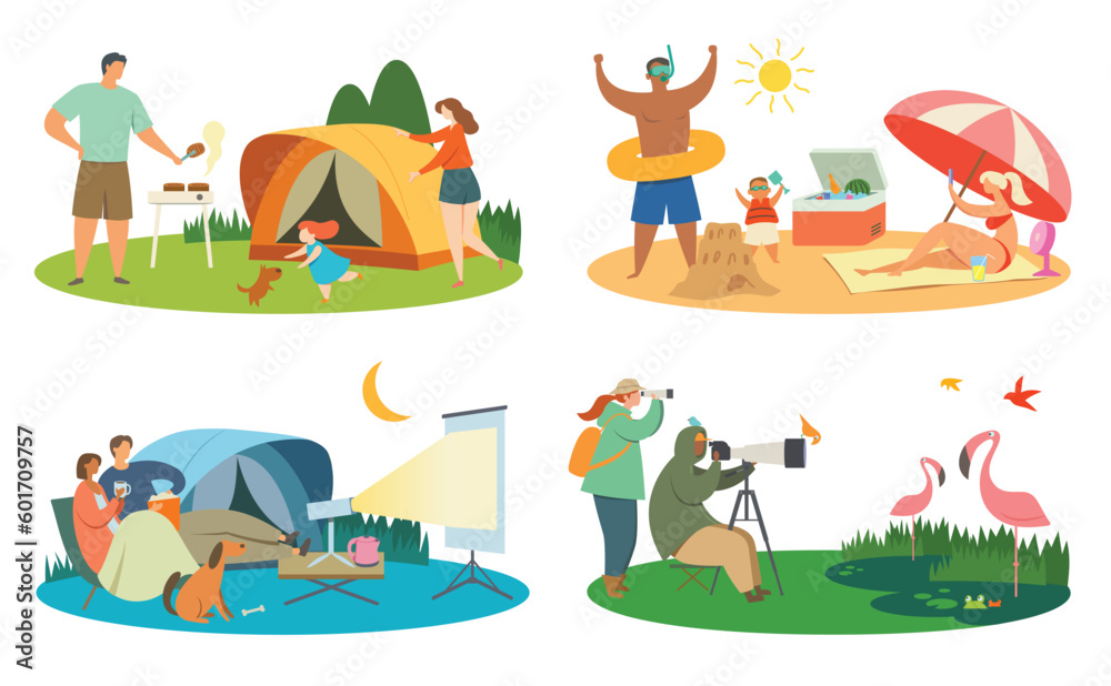 Naklejka premium Vector illustration of different ways to spend a vacation in the outdoors