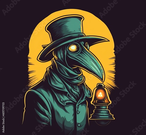 Illustration of a plague doctor with a light in his hand. AI