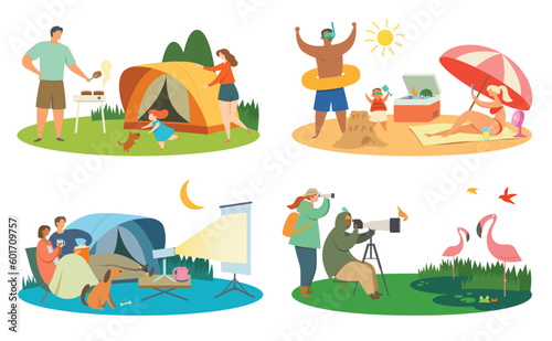 Vector illustration of different ways to spend a vacation in the outdoors