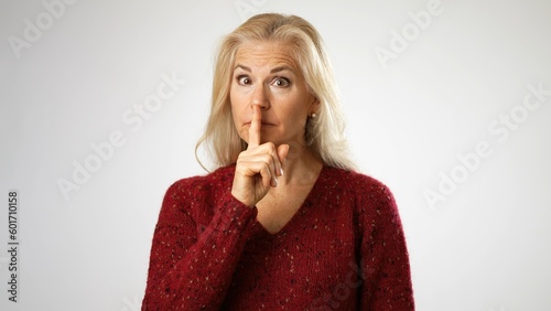Secret elderly blonde middle age woman 60s 50s years old casual sweater saying hush be quiet with finger on lips shhh gesture isolated on solid white background studio portrait