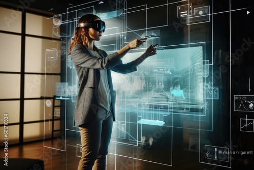 Futuristic vision of using VR AR immersive technology in business, attractive businesswoman using VR AR equipment, created with Generative AI
