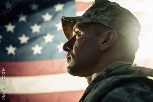 American soldier portrait, us flag background. Generative AI