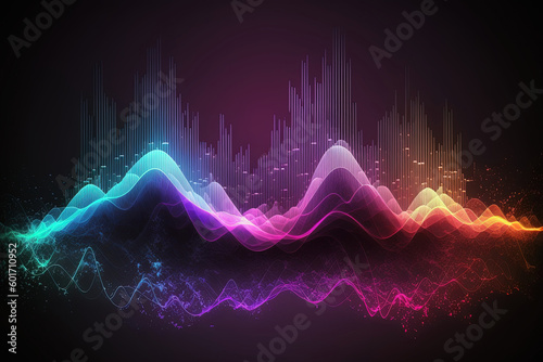 Sound wave, music audio frequencies on black, neon background. Generative AI