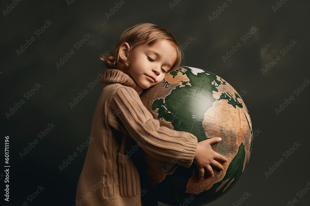A young child hugging a planet earth model. Protecting environment. Generative ai A young child hugging a planet earth model. Protecting environment. Generative ai
