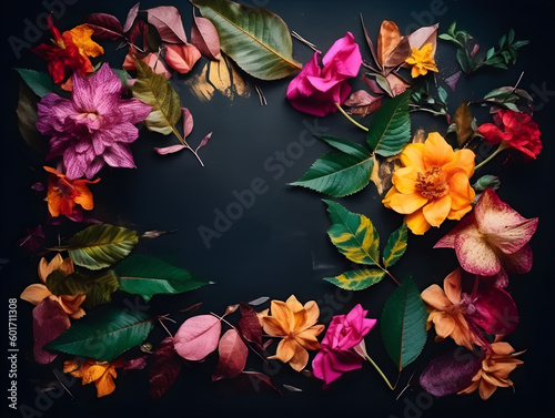 Creative layout pattern with colorful flowers and leaves on dark background. Nature concept. Flat lay.
