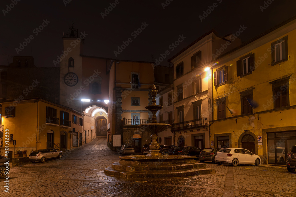 Night view of the Piazza Vittorio Emanuele square, Montefiascone, Italy