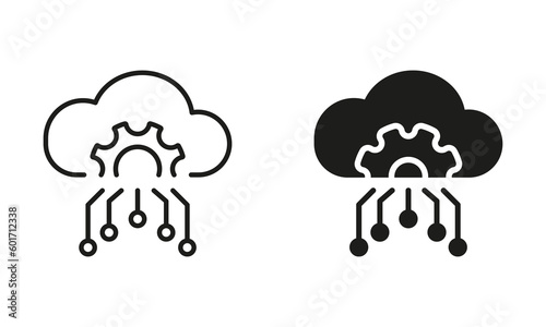 Cloud Computing Configuration Line and Silhouette Icon Set. Cloud Server Setting Pictogram. Digital Cloud with Gear, Configuration Symbol Collection. Isolated Vector Illustration
