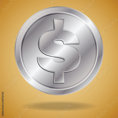 Modern concept with a american coin. Silver american dollar with shadow on golden background.