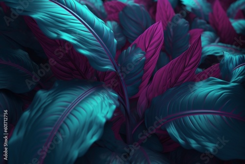leaf plant tropical art jungle night exotic neon purple background vibrant. Generative AI.