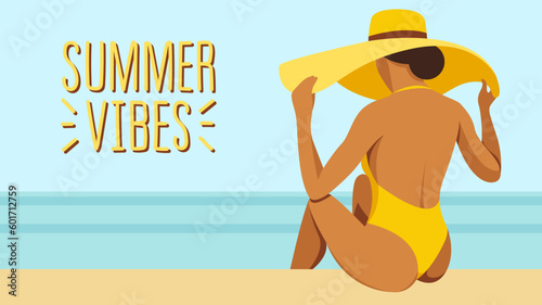 vector image on the theme of summer holidays. a pretty woman in a yellow swimsuit sits with her back on the beach in a big hat, sunbathes, rests, relaxes in a tropical resort against the sea or ocean.