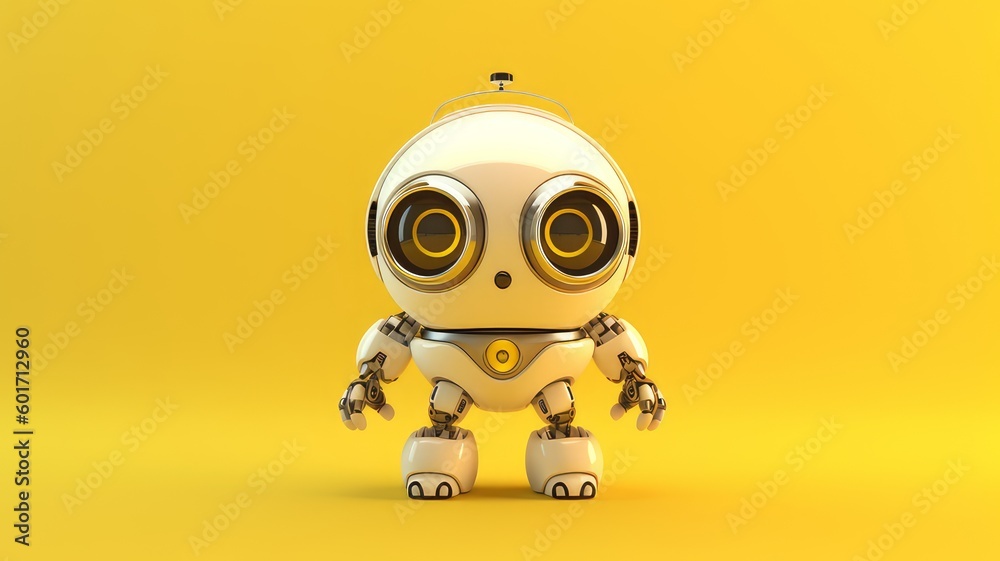 Modern, white robot on a yellow background. AI generated.