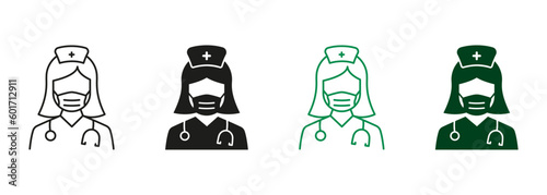 Female Physicians Specialist, Medic Assistant Sign. Professional Doctor with Stethoscope in Face Mask Line and Silhouette Icon Set. Doctor and Nurse Symbol Collection. Isolated Vector Illustration