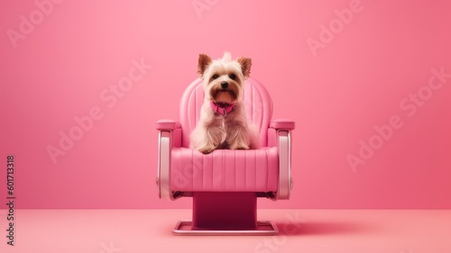 A dog with a beautiful haircut sits in a pink chair on a pink background at the reception at the groomer. AI generated. photo