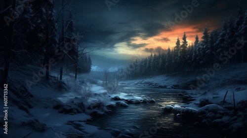 A beautiful river in a twilight snow-covered forest Generative AI
