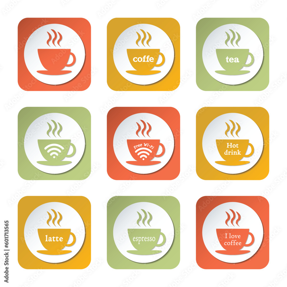 Colorful coffee icons. Nine different icons with a cup of coffee and tea and various inscriptions.