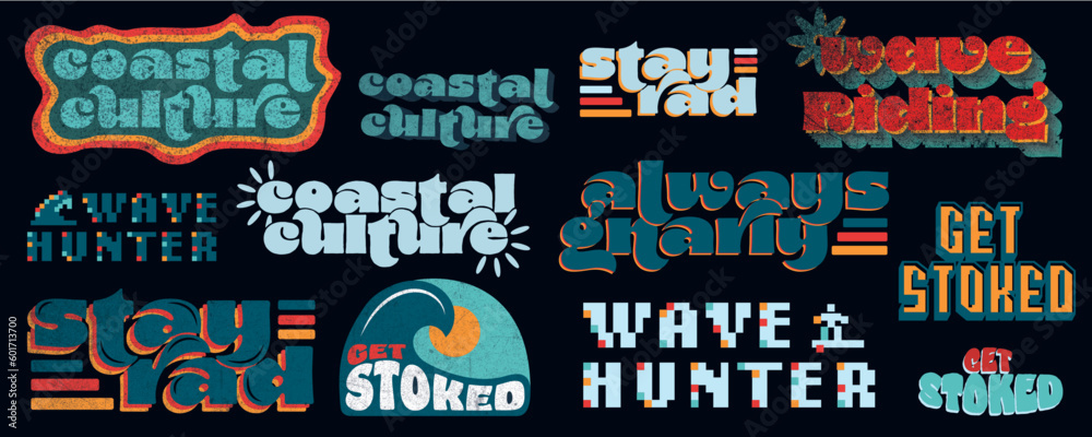 Retro custom surf quote vector sticker pack/set/bundle 