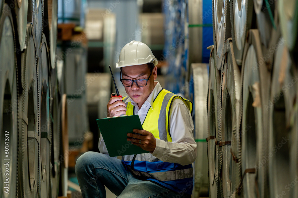 Asian male engineer in uniform inspection warehouse and check control heavy machine construction installation in industrial factory. technician worker check for repair maintenance operation system