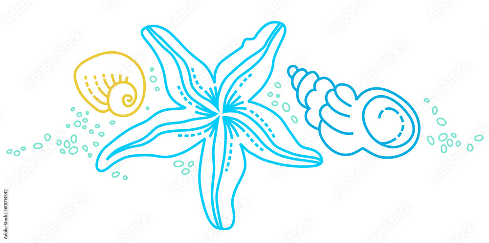 Illustration of line art tropical sea elements, seashells, starfish. Doodles of marine life. Sea decor for scrapbook, card, decoration, design. Ocean, sea creatures. Maritime illustration