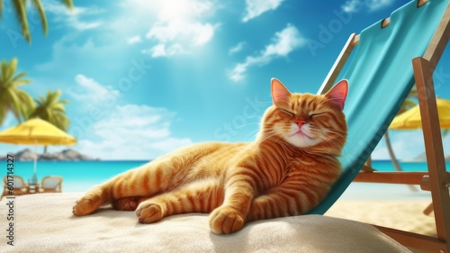 A red striped cat lies on a sun lounger on the shores of the turquoise sea with white sand. Concept travel and vacation. AI generated.