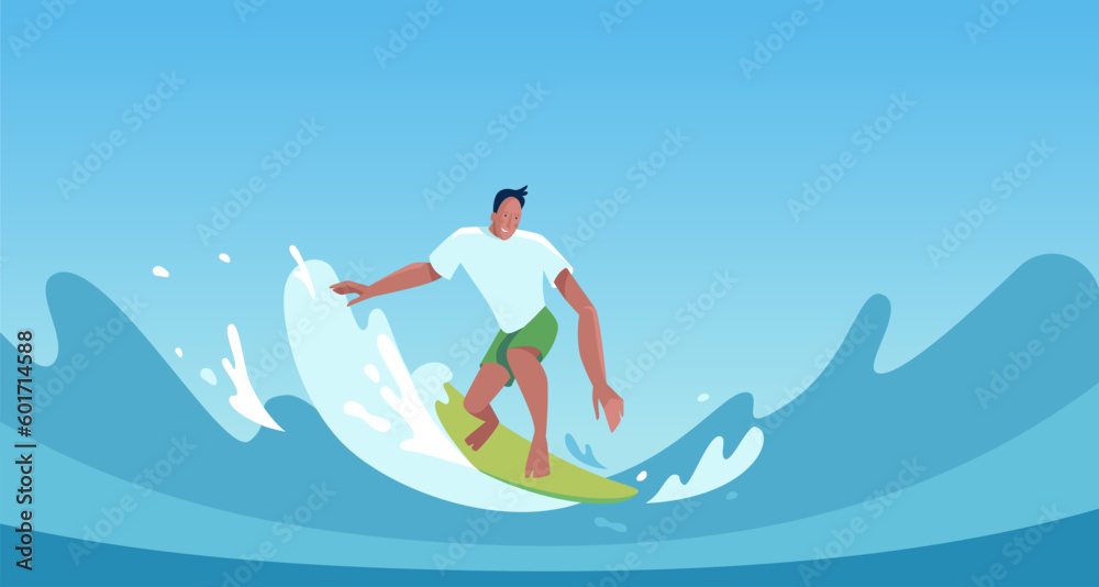 Vector illustration in flat style, summer horizontal banner with copy space for text, man surfing on the wave on the ocean