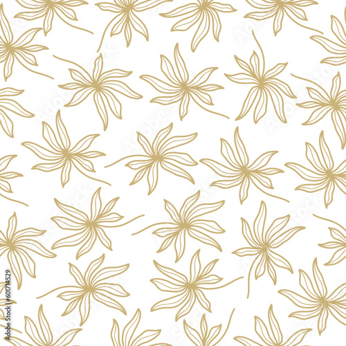 Elegant Gold Floral Seamless Pattern with Minimalist Hand Drawn Style. Flower Motif for Fashion, Wallpaper, Wrapping Paper, Background, Fabric, Textile, Apparel, and Card Design