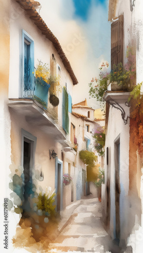 Experience the Vibrant Beauty of Villajoyosa Through this Digital Watercolor Painting. Generative AI.