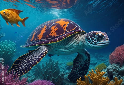 Coral reef underwater with vibrant fish and a turtle. Generative AI.