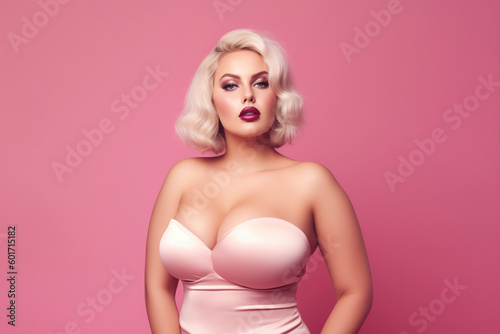 Portrait of a beautiful plus size blonde model on a pink background. AI