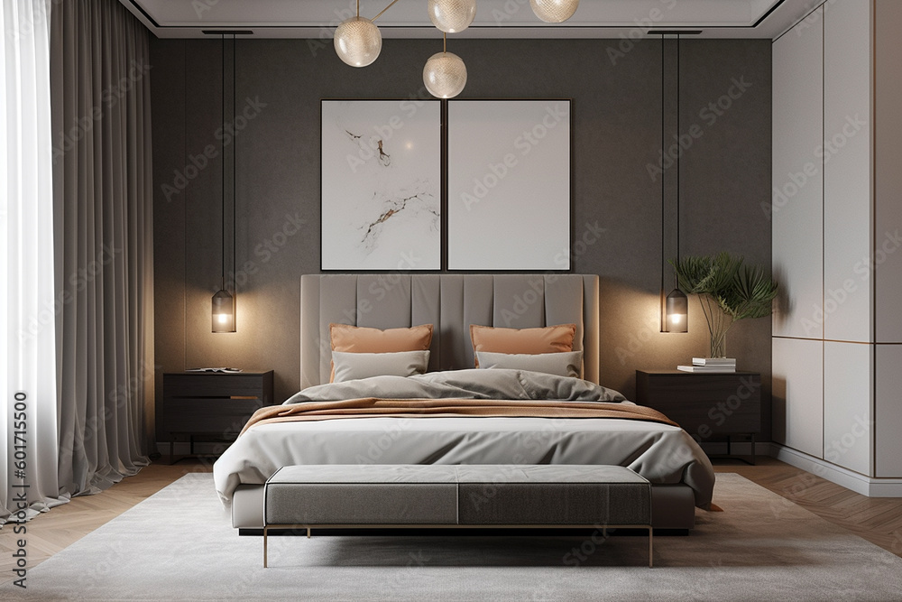 Modern bedroom minimalist interior in shades of grey. Gorgeous, stunning grey bedroom. Scandinavian dark style. Aesthetic simple interior design concept, luxury furnishing. Ai generated Modern bedroom minimalist interior in shades of grey. Gorgeous, stunning grey bedroom. Scandinavian dark style. Aesthetic simple interior design concept, luxury furnishing. Ai generated