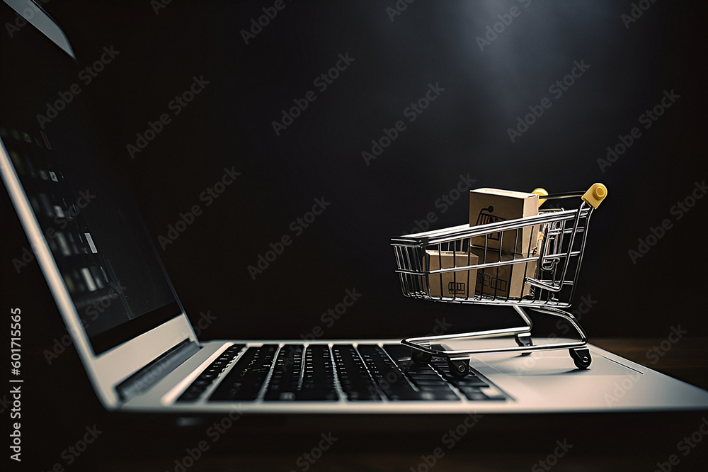 Boxes in a trolley on a laptop keyboard. Concept online shopping. Generation AI