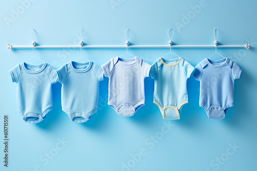 Baby newborn boy blue bodysuits hanging on a clothespin on a line. Laundry day, baby clothes, it's a boy greeting card template. AI generated
